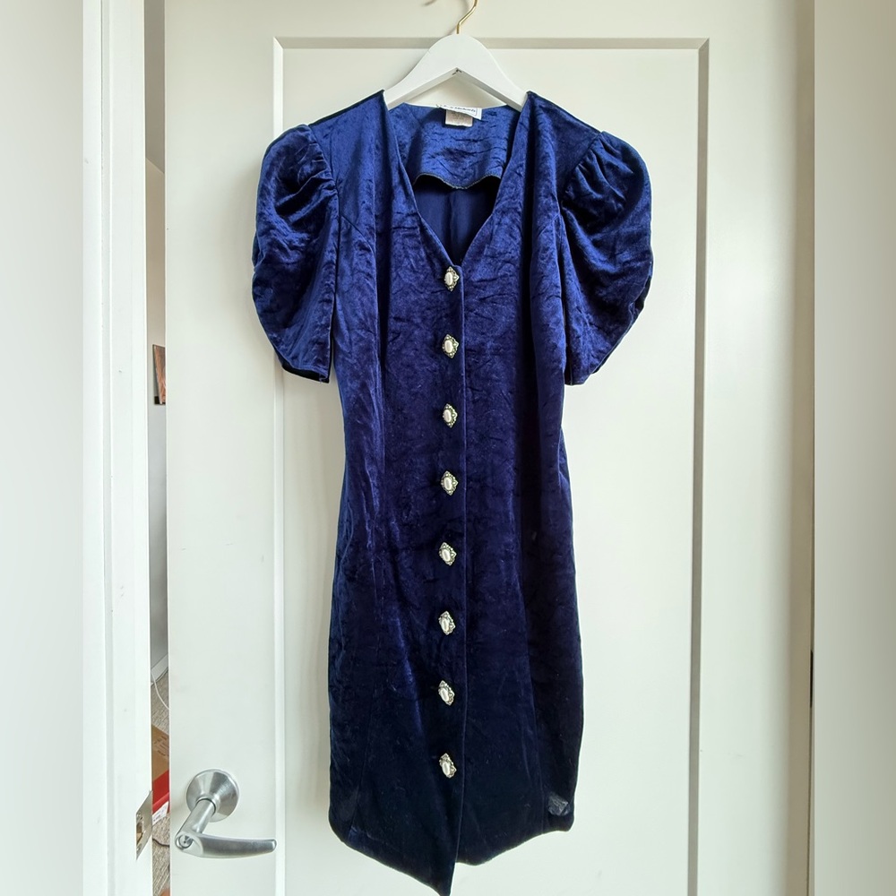 Vintage Midnight Blue Midi Dress with Ornate Pearly Button Details